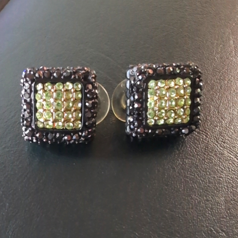 St John Vintage Black And Green Crystal Clip On Earrings